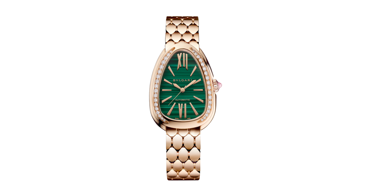 Front view of Bulgari Serpenti Seduttori reference 103901 with green malachite dial