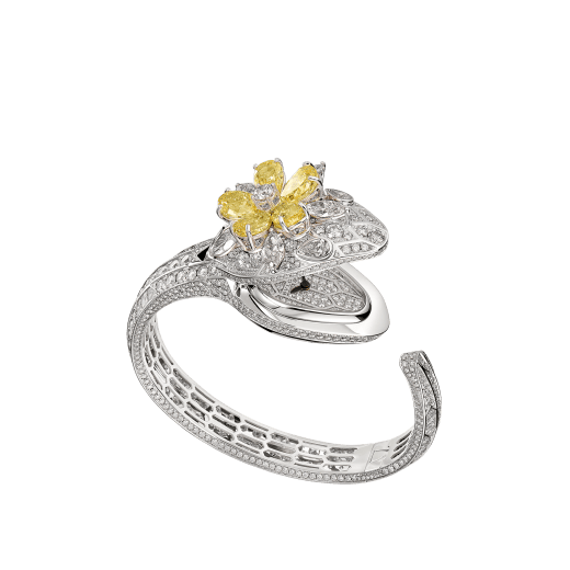 Serpenti Misteriosi Secret Watch with 18 kt white gold head set with brilliant-cut, baguette-cut and marquise-shaped diamonds, pear-shaped yellow diamonds and diamond eyes, 18 kt white gold case, dial and bracelet all set with brilliant-cut diamonds 103036 image 2