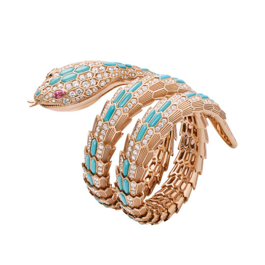 Serpenti Misteriosi High Jewellery secret watch with mechanical manufacture micro-movement with manual winding, 18 kt rose gold case and bracelet set with turquoise inserts, brilliant-cut diamonds and two pear-cut rubellites, with pavé-set diamond dial. 103558 image 2