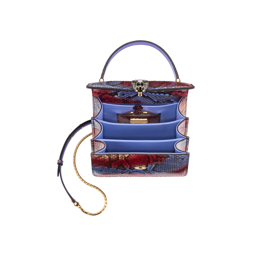 “Serpenti Forever ” top handle bag in multicolor "Chimera" python skin with Lavander Amethyst lilac nappa leather internal lining. Tempting snakehead closure in gold plated brass enriched with black and Lavander lilac enamel, and black onyx eyes 290579 image 2