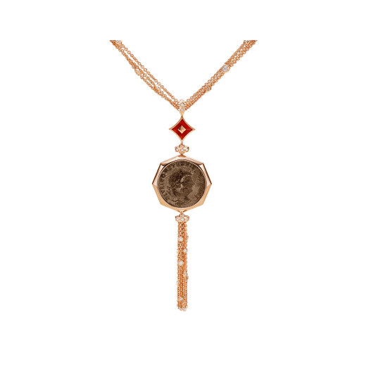 Monete Halskette aus 18 Karat Roségold mit einer antiken Münze, Karneol-Elementen und Diamant-Pavé 355979 image 1