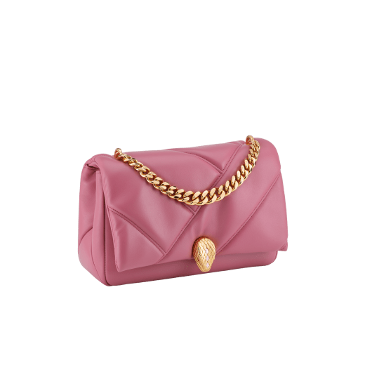 "Serpenti Cabochon" small maxi chain crossbody bag in soft quilted Blush Quartz pink calf leather, with a maxi graphic motif, and Deep Garnet bordeaux nappa leather internal lining. New Serpenti head closure in gold plated brass, finished with small pink mother-of pearl scales in the middle and red enamel eyes. 1165-NSM image 2