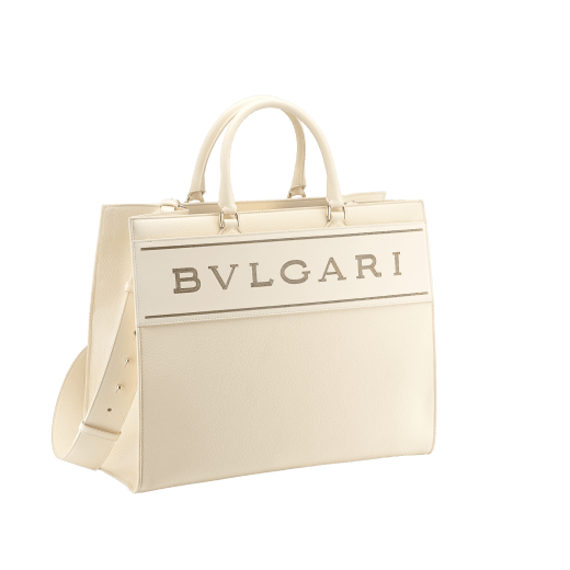 "Bvlgari Logo" large tote bag in black calf leather, with black grosgrain inner lining. Bvlgari logo featured with dark ruthenium-plated brass chain inserts on the black calf leather. BVL-1160 image 2