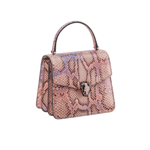 Serpenti Forever top handle bag in multicolour Early Bright python skin with caramel topaz beige nappa leather lining. Captivating snakehead closure in light gold-plated brass embellished with black and caramel topaz beige enamel scales and black onyx eyes. 291721 image 2