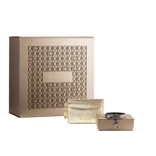 An elegant box of Bvlgari creations for a special gift. Unleash your creativity and choose the perfect bracelet to match the light gold card holder. Womens-Gift-Set-card-holder-and-bracelet image 1