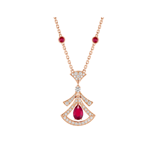 Durchbrochene DIVAS' DREAM Halskette aus 18 Karat Roségold mit einem Rubin in Tropfenform, runden Rubinen im Brillantschliff, einem runden Diamanten im Brillantschliff und Diamant-Pavé 356953 image 1