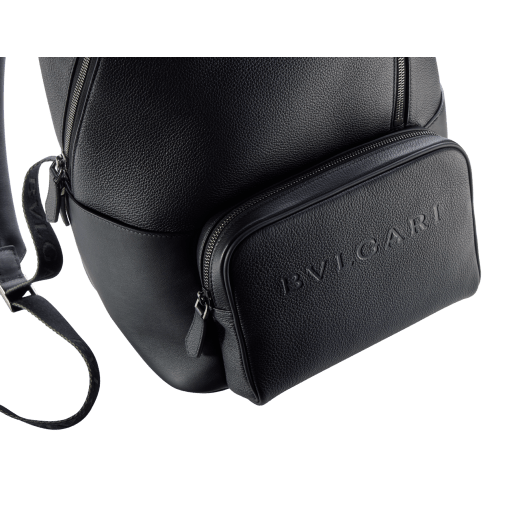 BULGARI Man large backpack in black smooth and grainy metal-free calf leather with Olympian sapphire blue regenerated nylon (ECONYL®) lining. Dark ruthenium-plated brass hardware, hot stamped BULGARI logo and zipped closure. 291922 image 6