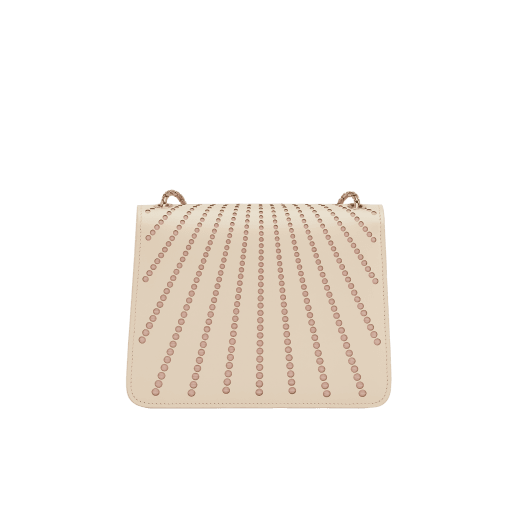 Serpenti Forever crossbody bag in ivory opal laser-cut calf leather with caramel topaz beige nappa leather lining. Captivating snakehead closure in light gold-plated brass embellished with matt and shiny ivory opal enamel scales and black onyx eyes. 422-LCL image 3