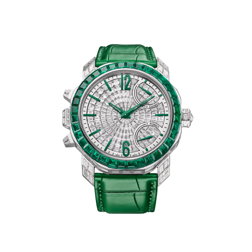 Octo Roma Grande Sonnerie watch with mechanical manufacture movement, automatic winding, Grande and Petite Sonnerie, 4-hammer Westminster chime and minute repeater. 18 kt white gold case set with baguette-cut emeralds and diamonds, transparent case back, dial set with baguette-cut diamonds and green alligator bracelet. Water-resistant up to 30 metres. One-of-a-kind timepiece. 103553 image 1