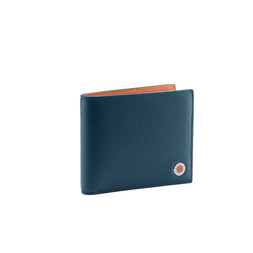 "BVLGARI BVLGARI" hipster compact wallet in denim sapphire soft full grain calf leather and capri turquoise calf leather. Iconic logo decoration in palladium plated brass coloured in capri turquoise enamel. BBM-WLT-HIPST-8C-SFGCL image 1