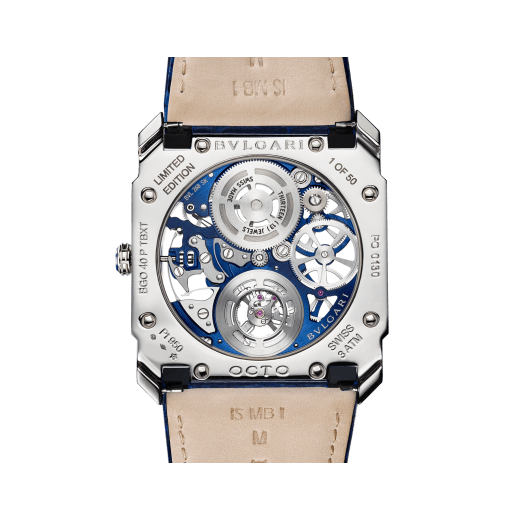 Octo Finissimo Tourbillon Skeleton watch with extra-thin mechanical movement with manual winding and flying tourbillon, 40 mm platinum case with transparent case back, platinum crown with blue ceramic insert, blue skeletonized caliber, blue alligator bracelet and platinum ardillon buckle 103188 image 4