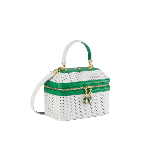 Casablanca x Bulgari small jewelry box bag in white Tennis Groundstroke perforated calf leather with smooth tennis green calf leather inserts and tennis green nappa leather lining. Captivating snakehead zip pullers in gold-plated brass embellished with dégradé green and bright white enamel scales, and green malachite eyes. 292332 image 2