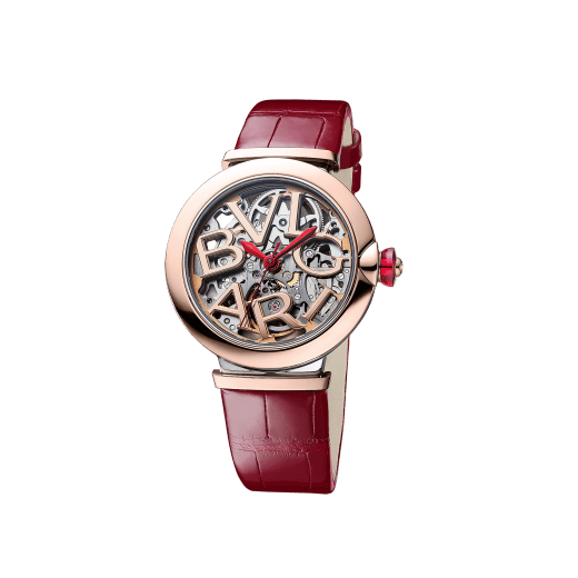 LVCEA Skeleton watch with mechanical manufacture movement, automatic winding and skeleton execution, polished stainless steel case, 18 kt rose gold bezel, openwork BVLGARI logo dial and links, and red alligator bracelet. Water-resistant up to 50 metres. 103373 image 2