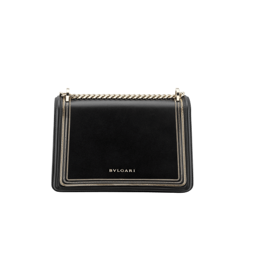 “Serpenti Diamond Blast” shoulder bag in black smooth calf leather, featuring a 3-Chain motif in light gold and palladium finishing. Iconic snakehead closure in light gold plated brass enriched with black and white enamel and black onyx eyes 922-3CFCL image 3