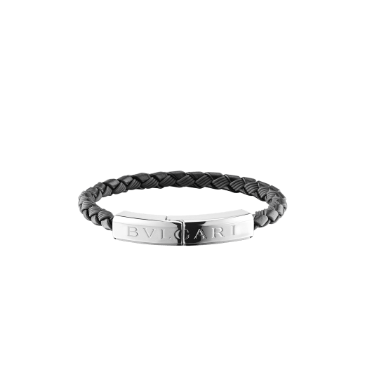 "BVLGARI BVLGARI" bracelet in black calf leather and black rubber with a palladium plated brass plate closure with Bvlgari logo. LogoPlate-CLR-B image 1