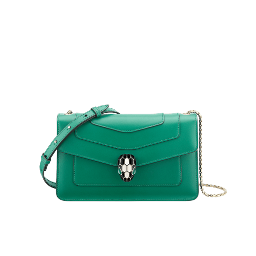 “Serpenti Forever” crossbody bag in agate-white calfskin with Heather Amethyst purple grosgrain inner lining. Iconic snakehead closure in light gold-plated brass embellished with black and agate-white enamel and green malachite eyes 625-CLa image 1