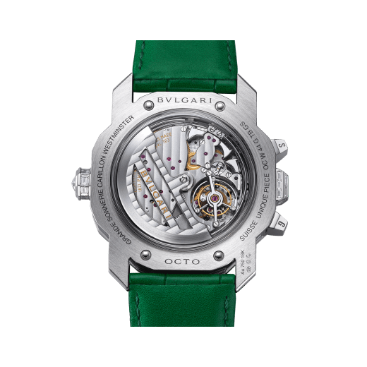 Octo Roma Grande Sonnerie watch with mechanical manufacture movement, automatic winding, Grande and Petite Sonnerie, 4-hammer Westminster chime and minute repeater. 18 kt white gold case set with baguette-cut emeralds and diamonds, transparent case back, dial set with baguette-cut diamonds and green alligator bracelet. Water-resistant up to 30 metres. One-of-a-kind timepiece. 103553 image 5