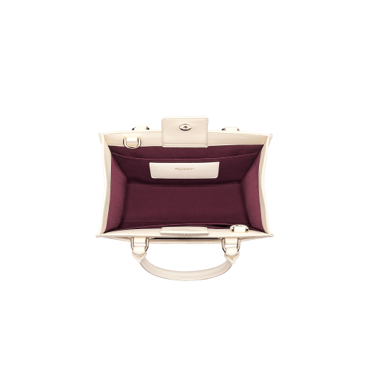 "Bvlgari Logo" small tote bag in Ivory Opal white calf leather, with Beet Amethyst purple grosgrain inner lining. Bvlgari logo featured with light gold-plated brass chain inserts on the Ivory Opal white calf leather. BVL-1159-CL image 4