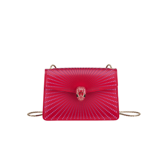 Serpenti Forever mini crossbody bag in amaranth garnet red laser-cut calf leather with taffy quartz pink nappa leather lining. Captivating snakehead closure in light gold-plated brass embellished with matt and shiny amaranth garnet red enamel scales and black onyx eyes. Online Exclusive. 986-LCL image 1