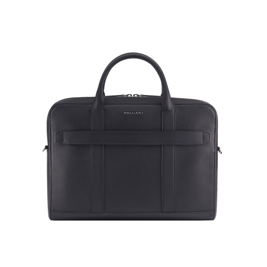 BULGARI Man medium briefcase in black smooth and grainy metal-free calf leather with Olympian sapphire blue regenerated nylon (ECONYL®) lining. Dark ruthenium-plated brass hardware, hot stamped BULGARI logo and zipped closure. BMA-1210-CL image 3