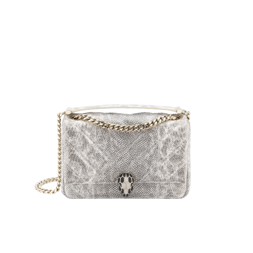 Serpenti Cabochon shoulder bag in soft matelassé charcoal diamond metallic karung skin with graphic motif. Snakehead closure in light gold plated brass decorated with matte black and glitter charcoal diamond enamel, and black onyx eyes. 981-MK image 1