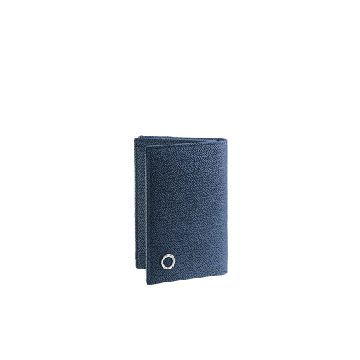Business card holder in denim sapphire grain calf leather with brass palladium plated Bulgari Bulgari motif. Three credit card slots, one open pocket and business cards compartment. BBM-BC-HOLD-SIMPLEa image 1