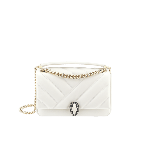 Serpenti Cabochon shoulder bag in soft matelassé white agate nappa leather with graphic motif and white agate calf leather. Snakehead closure in rose gold plated brass decorated with matte black and white enamel, and black onyx eyes. 981-NSM image 1