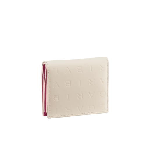 Bulgari Logo compact wallet in Ivory Opal white calf leather with hot stamped Infinitum Bulgari logo pattern and plain Pink Spinel nappa leather lining. Light gold-plated brass hardware BVL-COMPACTWLT image 3