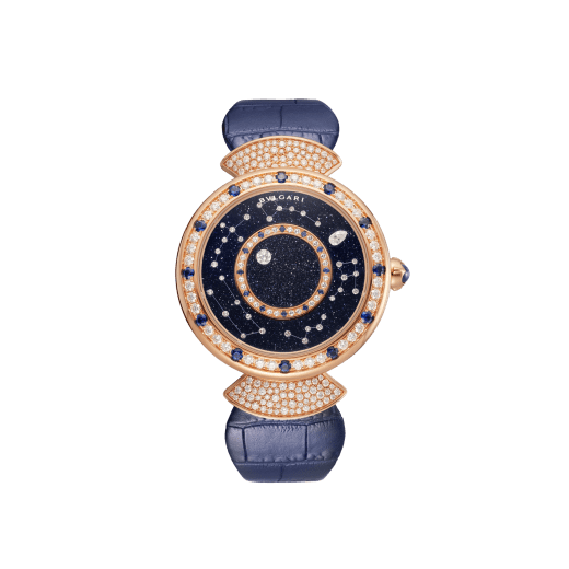 DIVAS' DREAM watch with mechanical manufacture movement, automatic winding, 18 kt rose gold case set with round brilliant-cut diamonds and sapphires, aventurine rotating discs with diamonds and printed constellations and dark blue alligator bracelet 102843 image 1
