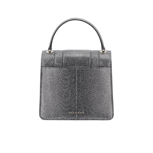 Serpenti Forever small top handle bag in white agate metallic karung skin with black nappa leather lining. Captivating snakehead closure in light gold-plated brass embellished with black and white agate enamel scales and black onyx eyes. 1122-MK image 3