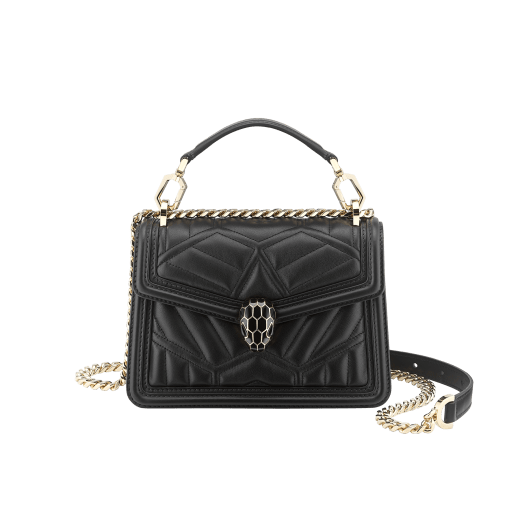 “Serpenti Diamond Blast” crossbody bag in Ivory Opal white quilted nappa leather body, featuring a maxi matelassé pattern, and black calf leather frames, with black nappa leather internal lining. Tempting snakehead closure in light gold plated brass enriched with black enamel and black onyx eyes. 1063-MFQD image 1