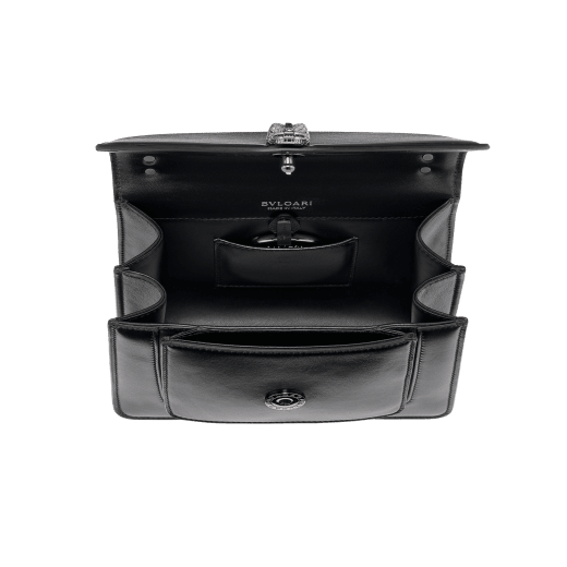 "Serpenti Forever" small maxi chain crossbody bag in black nappa leather, with black nappa leather inner lining. New Serpenti head closure in dark ruthenium-plated brass and finished with small black onyx scales in the middle and red enamel eyes. 1134-MCNb image 5
