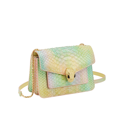 Serpenti Forever small crossbody bag in multicolour Spring Shade python skin with sunbeam citrine yellow nappa leather lining. Captivating snakehead closure in gold-plated brass embellished with sunbeam citrine yellow enamel scales and black onyx eyes. 291808 image 2