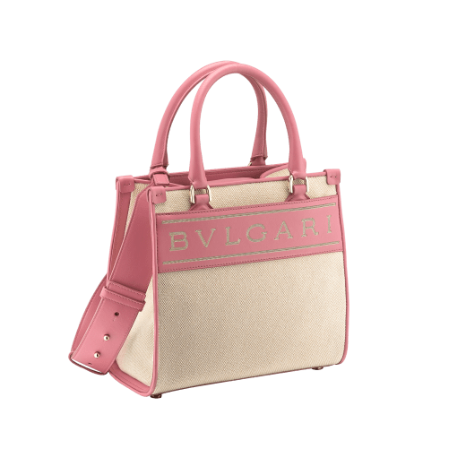 "Bvlgari Logo" small tote bag in Ivory Opal white canvas, with Beet Amethyst purple grosgrain inner lining. Bvlgari logo featured with light gold-plated brass chain inserts on the Ivory Opal white calf leather. BVL-1159-CC image 2