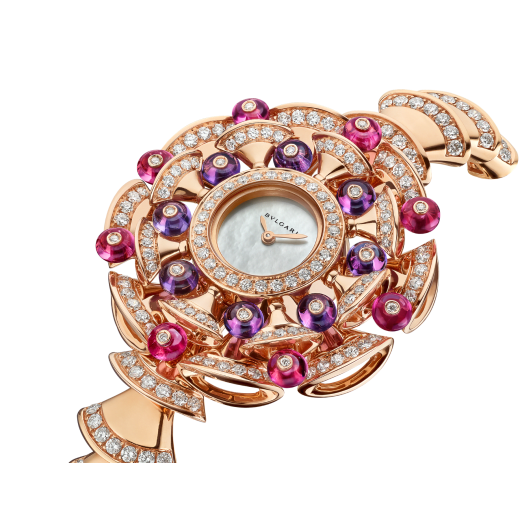 DIVAS' DREAM watch with 18 kt rose gold case set with brilliant-cut diamonds, round shaped rubellites and amethysts beads, white mother-of-pearl dial and 18 kt rose gold bracelet set with brilliant-cut diamonds 102080 image 2