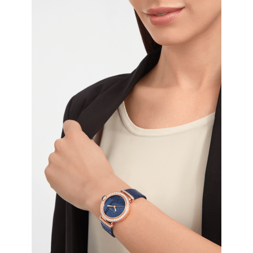 LVCEA watch with mechanical movement and automatic winding, polished 18 kt rose gold case and links both set with round brilliant-cut diamonds, blue aventurine dial and blue alligator bracelet. Water-resistant up to 50 metres. 103341 image 5