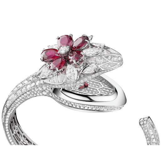 Serpenti Misteriosi Secret Watch with 18 kt white gold head set with brilliant-cut, buff-top cut and marquise-cut diamonds, pear-shaped rubies and diamond eyes, 18 kt white gold case, dial and bracelet all set with brilliant-cut diamonds 103021 image 2