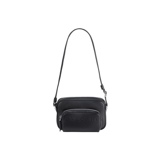 BULGARI Man small camera bag in black smooth and grainy metal-free calf leather with Olympian sapphire blue regenerated nylon (ECONYL®) lining. Dark ruthenium-plated brass hardware, hot stamped BULGARI logo and zipped closure. BMA-1206-CL image 5
