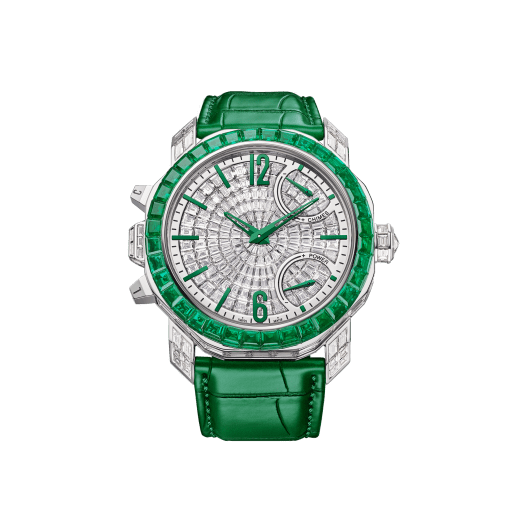 Octo Roma Grande Sonnerie watch with mechanical manufacture movement, automatic winding, Grande and Petite Sonnerie, 4-hammer Westminster chime and minute repeater. 18 kt white gold case set with baguette-cut emeralds and diamonds, transparent case back, dial set with baguette-cut diamonds and green alligator bracelet. Water-resistant up to 30 metres. One-of-a-kind timepiece. 103553 image 2