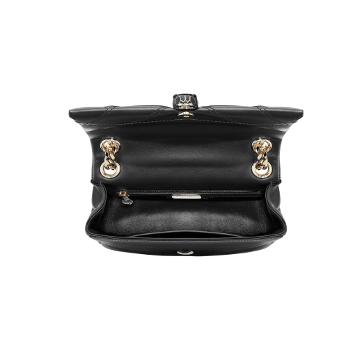 Serpenti Cabochon small shoulder bag in white agate soft matelassé calf leather with black nappa leather lining. Captivating snakehead closure in light gold-plated brass embellished with shiny black and white agate enamel scales and black onyx eyes. 1094-NSM image 4