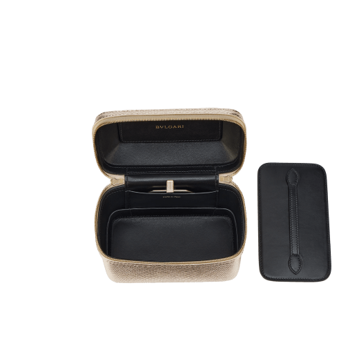 Serpenti Forever jewellery box bag in light gold Molten karung skin with black nappa leather lining. Captivating snakehead zip pullers and chain strap decors in light gold-plated brass. 1177-MoltK image 5