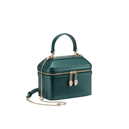 Serpenti Forever jewellery box bag in twilight sapphire blue Urban grain calf leather with Niagara sapphire blue nappa leather lining. Captivating snakehead zip pullers and chain strap decors in light gold-plated brass. 1177-UCL image 2