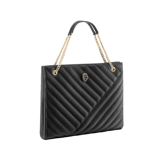 Serpenti Cabochon tote bag in soft matelassé black nappa leather with graphic motif and black calf leather. Snakehead decòr in rose gold plated brass embellished with matte black and shiny black enamel, and black onyx eyes. 990-NSM image 2