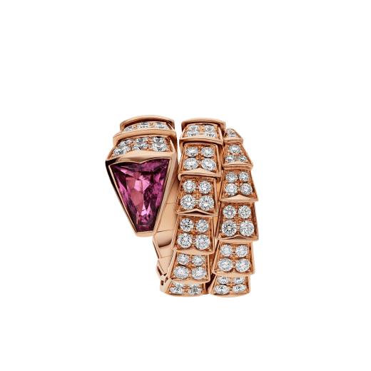 Serpenti Viper two-coil ring in 18 kt rose gold, set with full pavé diamonds and a rubellite on the head. AN856156 image 2