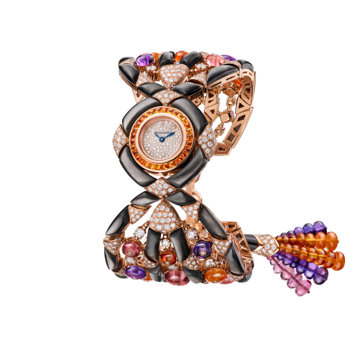 Gemma watch with 18 kt rose gold case set with buff-cut spessartite, brilliant cut-diamonds and black mother-of-pearl elements, snow pavé dial, 18 kt rose gold bracelet set with tourmaline, spessartite and amethyst beads, black mother-of-pearl elements and brilliant-cut diamonds 102242 image 1