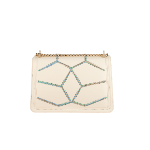 Serpenti Diamond Blast small shoulder bag in ivory opal calf leather with twisted chain and leather décor, and Niagara sapphire blue nappa leather lining. Captivating snakehead closure in light gold-plated brass embellished with matt and shiny ivory opal enamel scales and black onyx eyes. 291725 image 3