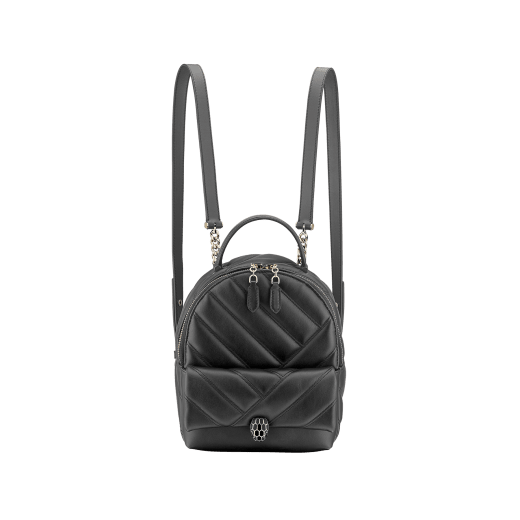 Serpenti Cabochon backpack in soft quilted white agate calf leather, with a graphic motif. Light gold plated brass tempting snake head closure in black and white agate enamel and black onyx eyes. 1009-NSM image 1