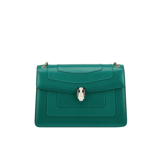 Black calf leather shoulder bag with brass light gold plated black and white enamel Serpenti head closure with malachite eyes. 521-CLa image 1