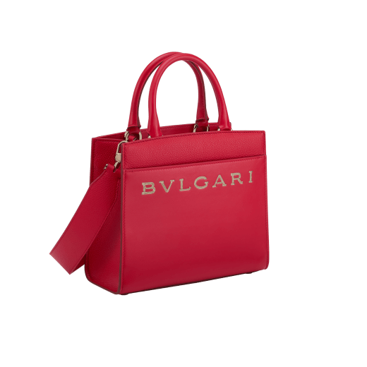 Bulgari Logo small tote bag in amaranth garnet red smooth and grained calf leather with flamingo quartz pink grosgrain lining. Iconic Bulgari logo decorative chain in light gold-plated brass. BVL-1202 image 2