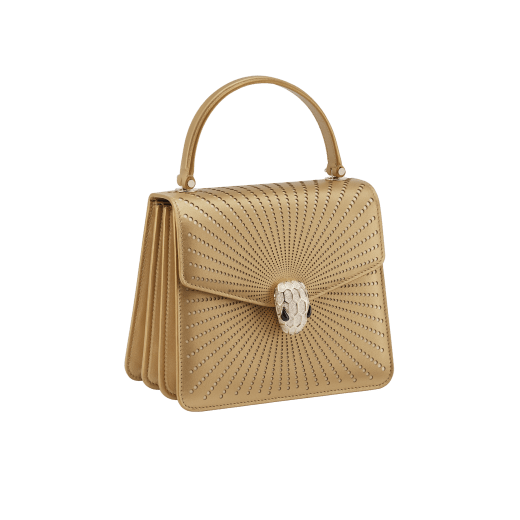 Serpenti Forever top handle bag in ivory opal laser-cut calf leather with caramel topaz beige nappa leather lining. Captivating snakehead closure in light gold-plated brass embellished with matt and shiny ivory opal enamel scales and black onyx eyes. 752-LCL image 2